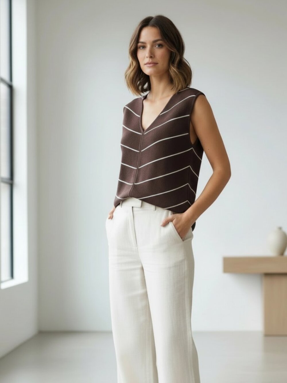 Linda Matthews XL Tank Sweater Top Brown Beige Striped Minimalist Office Siren